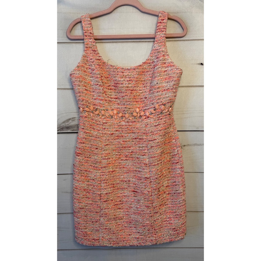 Boston Proper Pink Orange Tweed Embellished Metallic Sheath Dress Womens Size 6